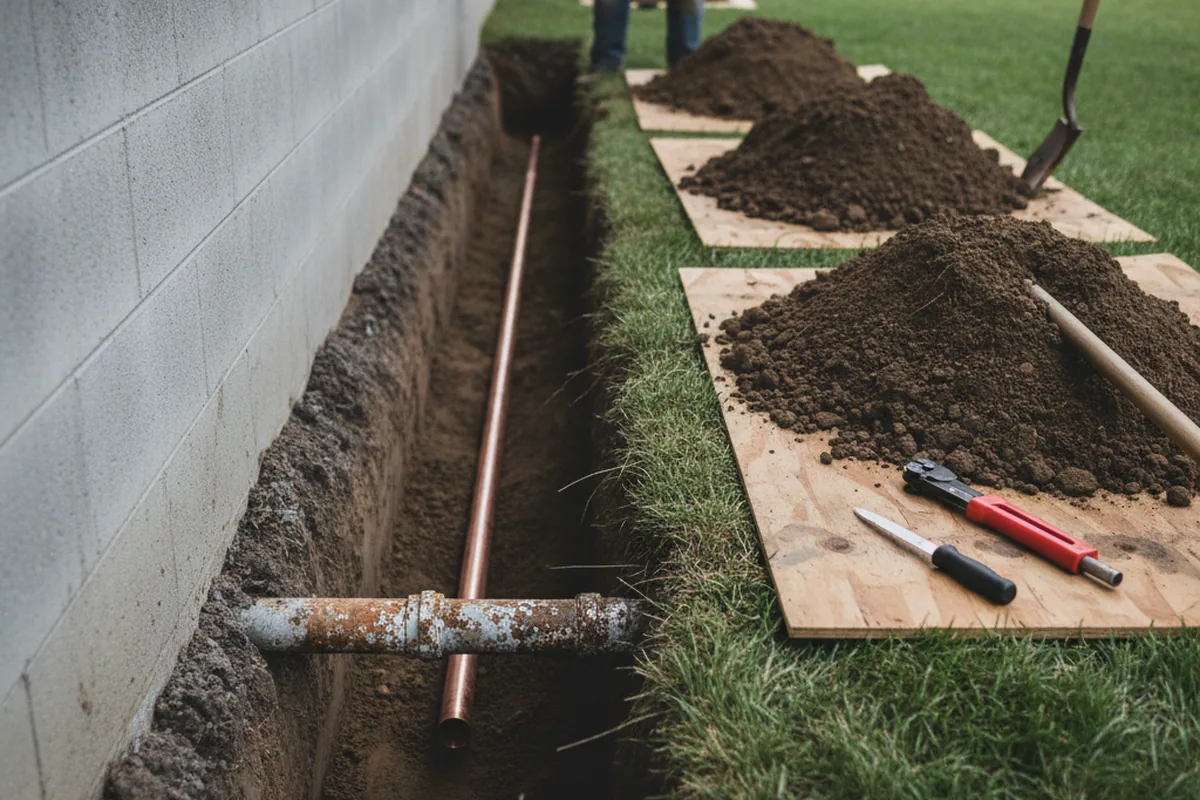 Excavated water line trench during Water Softener Installation in Mexican Hat